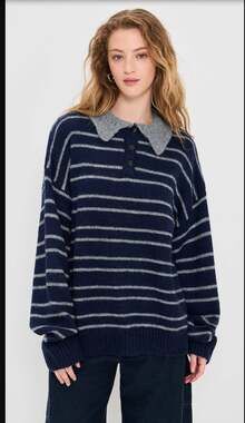 Lioness Rising Sun Jersey Pullover Sweater Collared Wool Blend Navy Stripe S/M